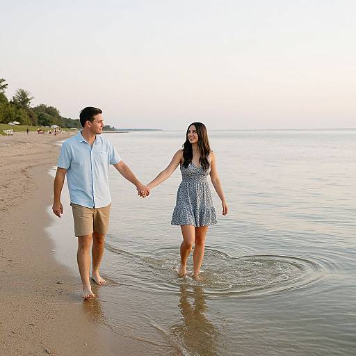 Photograph of a couple holding hands, walking in shallow water on a sandy beach. He wears a light blue shirt and beige shorts; she wears a