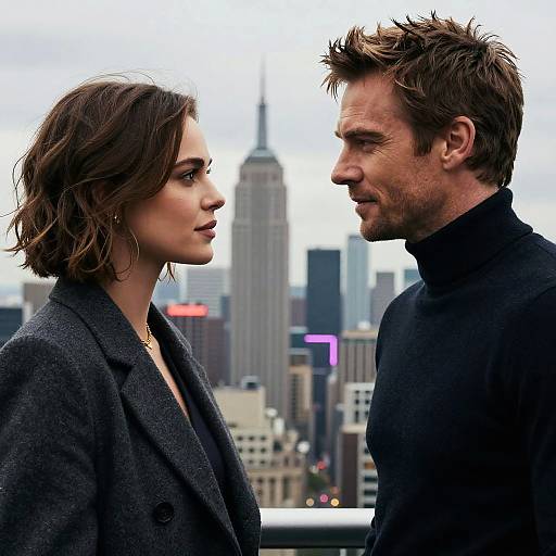 Photograph of a serious, brown-haired woman in a dark coat facing a handsome, brown-haired man in a black turtleneck, with a blurred