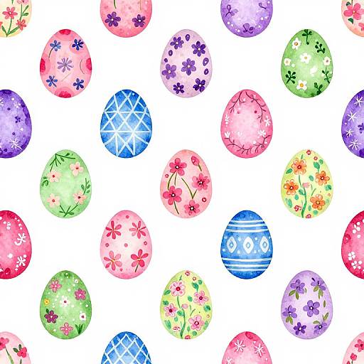 Watercolor-style pattern of colorful Easter eggs with floral and geometric designs, scattered uniformly on a white background.