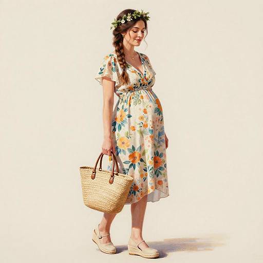 Pregnant Woman in Floral Maternity Dress