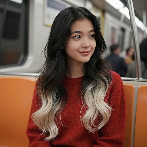 Photograph of a young Asian woman with long, wavy black hair with blonde ombre tips, wearing a red sweater, smiling softly, seated