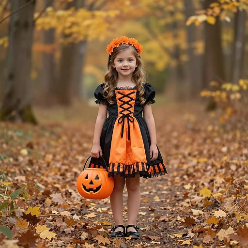 Girl in Halloween Dress Holding Pumpkin Bucket