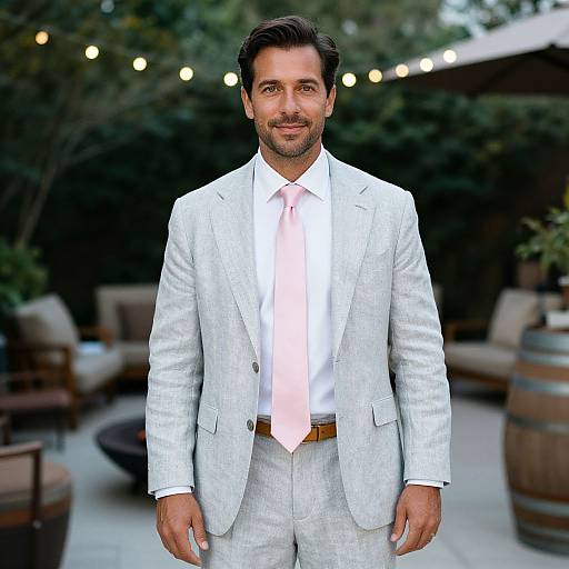 Photograph of a handsome, dark-haired man with a trimmed beard, wearing a light gray suit, white shirt, and pink tie, standing outdoors with