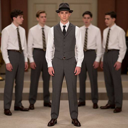 Photograph of a young Caucasian male model in a gray vest, white shirt, black tie, and black hat, standing center stage with four blurred male