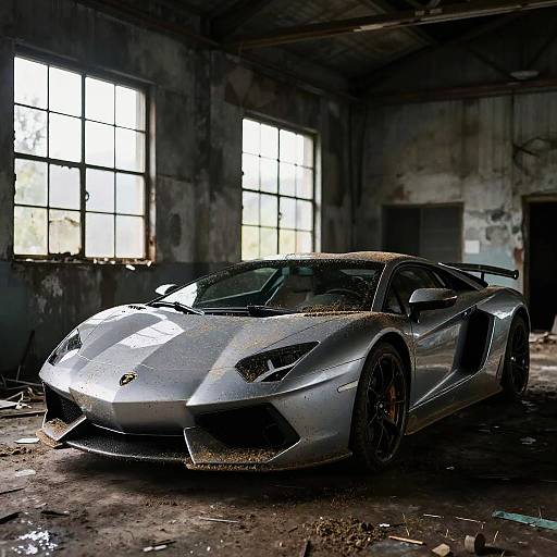 Photograph of a sleek, silver Lamborghini Huracán parked in a dark, abandoned, deteriorating warehouse with large, broken windows. Dust covers