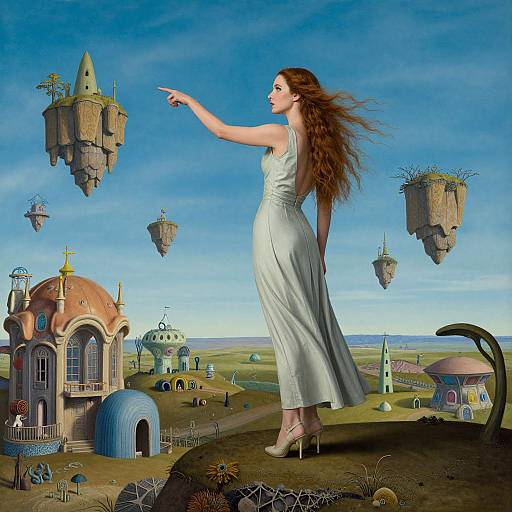 Digital artwork: A long-haired, fair-skinned woman in a white gown points at floating, medieval-style houses in a surreal, blue sky landscape.
