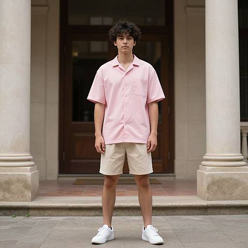 Young man with curly black hair, wearing pink shirt, beige shorts, white sneakers, standing in front of stone building columns.