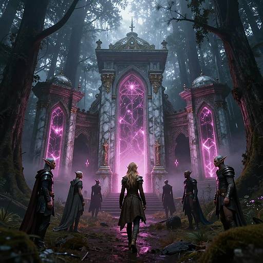 Digital fantasy artwork of a forested temple with glowing pink runes, six armored figures facing the illuminated entrance, misty atmosphere.