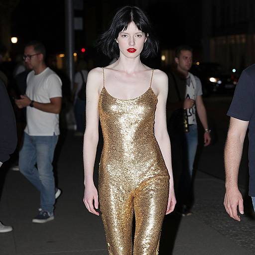 Confident Woman in Gold Sequin Jumpsuit