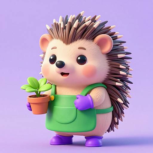 Cute, 3D-animated, chubby hedgehog in green overalls and purple gloves, holding a small potted plant, smiling against a