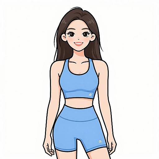 Digital anime-style drawing of a smiling young woman with long black hair, wearing a blue sports bra and matching shorts, standing against a white background.