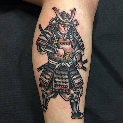 Realistic Samurai Tattoo Design for Calf