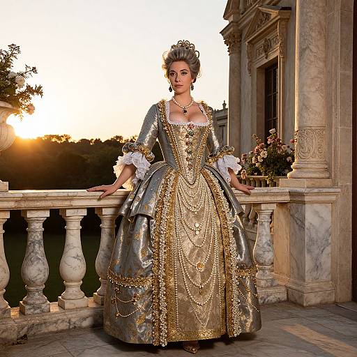 Photograph of a regal woman in an elaborate, gold and silver baroque gown with intricate embroidery, standing on a marble balcony at sunset, with