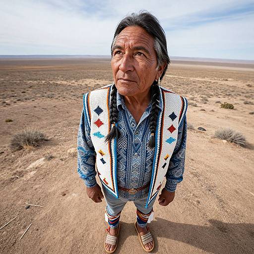 Photograph of an elderly Indigenous man with gray hair, wearing a blue patterned shirt, white embroidered vest, and multicolored pants, standing in
