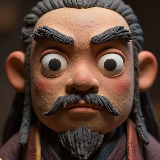 Close-up photograph of a cartoonish, exaggerated, angry-faced Asian man with large eyes, thick black eyebrows, mustache, beard, and dreadlocks