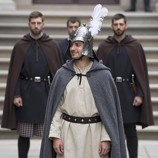 Medieval Men in Costumes with Helmet and Cloaks