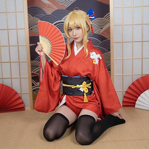 Blonde Cosplayer in Red Kimono
