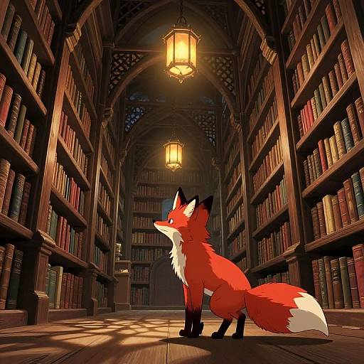 Digital illustration of a red fox with white-tipped tail, black ears, and paws, standing in a dimly lit, medieval library with wooden
