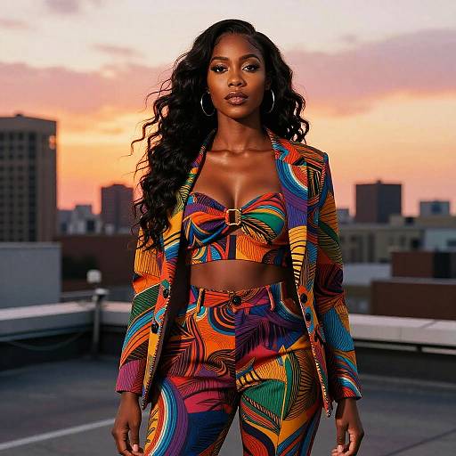Photograph of a beautiful Black woman with long curly hair, wearing vibrant, colorful, geometric-patterned crop top and pants, standing on a rooftop at