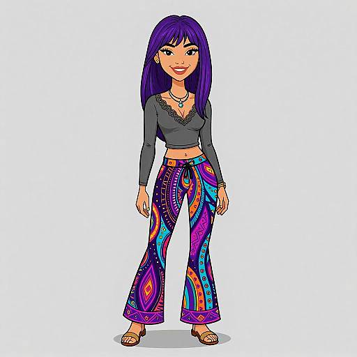 Digital drawing of a smiling woman with purple hair, wearing a gray long-sleeve top and colorful, patterned pants, standing against a white background
