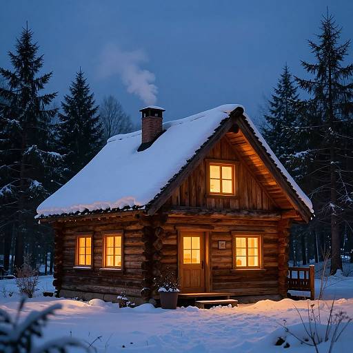 Photograph of a wooden log cabin with warm yellow lights, snow-covered roof, and chimney smoke, set against a dark blue, snowy forest at dusk