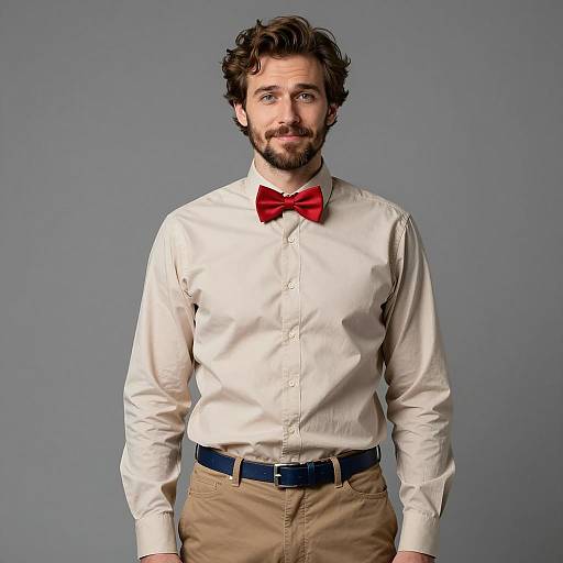 Man in Beige Shirt and Red Bow Tie