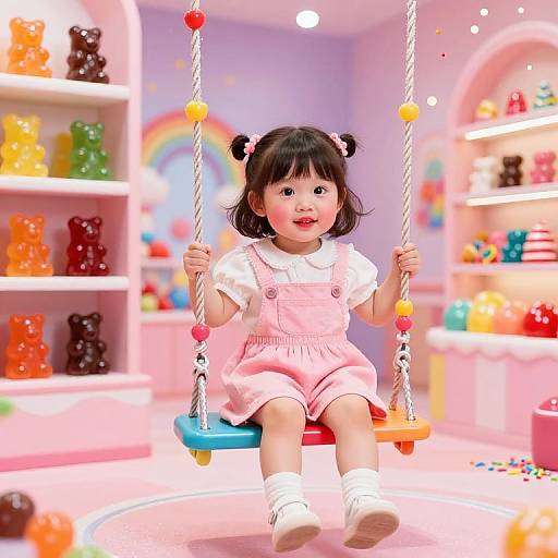 Digital artwork of a cute Asian toddler with black hair in pink pigtails, wearing a pink dress, sitting on a colorful swing in a vibrant toy