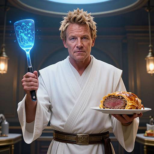 Photorealistic CGI of a middle-aged man in a white Jedi robe holding a glowing blue spatula and a plate with pancakes and bacon. Dark,