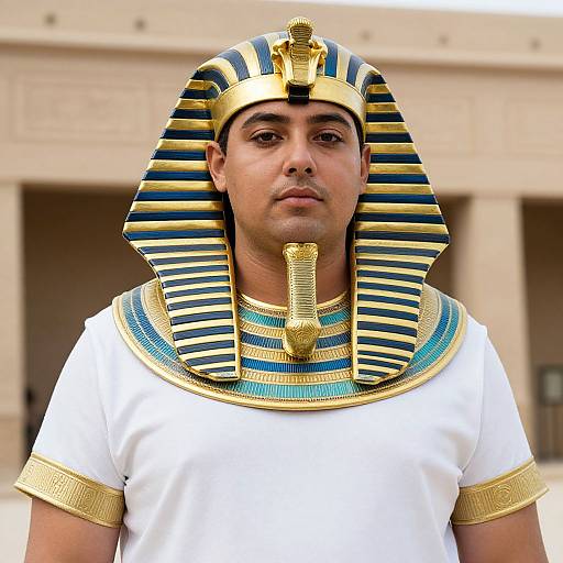 Photograph of a man with medium skin tone, wearing an Egyptian pharaoh-style headdress and white tunic with gold and blue accents, standing in