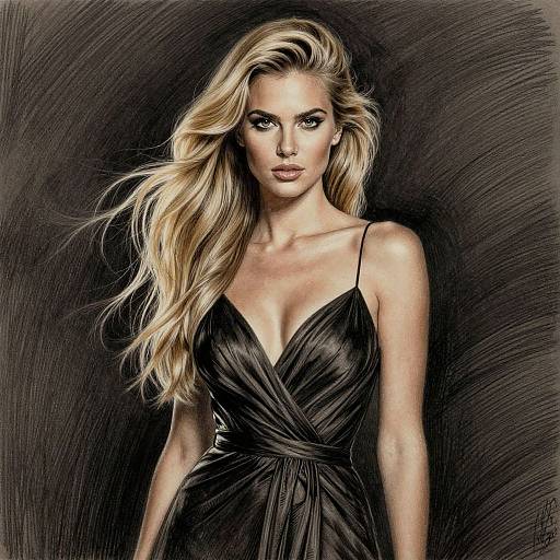 Photorealistic digital artwork of a blonde woman with long, wavy hair wearing a black, V-neck, draped dress against a dark, textured background