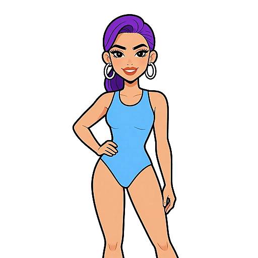 Digital illustration of a confident, purple-haired woman with hoop earrings, wearing a blue one-piece swimsuit, standing with hand on hip.