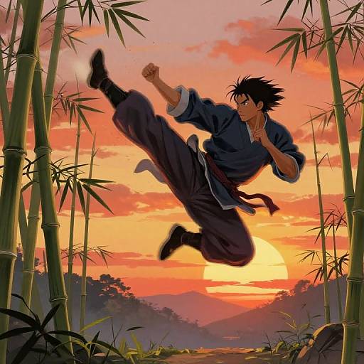 Anime-style digital illustration of a black-haired martial artist mid-air kick, wearing a blue gi, against a vivid sunset with bamboo trees.