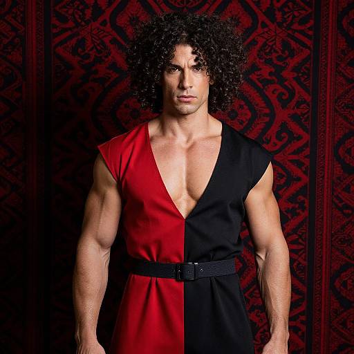 Photograph of a muscular man with curly black hair, wearing a split-color red and black sleeveless vest with a black belt, against a dark,