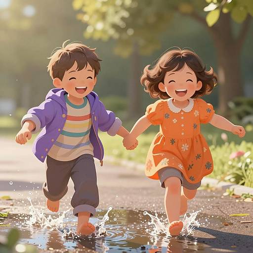 Joyful Toddlers Splashing in Puddles