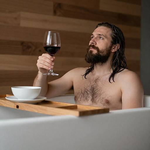 Man Relaxing in Bathtub with Red Wine