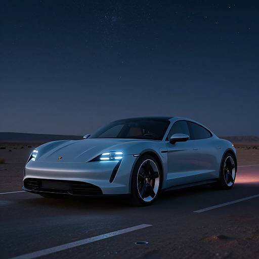 Photograph of a sleek, white, Tesla sports car with glowing blue headlights parked on a desert road at night under a starry sky.