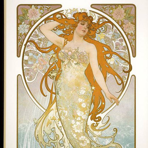 Art Nouveau-style digital illustration of a fair-skinned, red-haired woman in a golden floral dress, surrounded by intricate floral patterns and light.