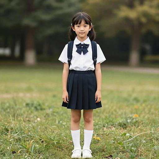 Photograph of an Asian girl with black hair, wearing a white shirt, black bow tie, black skirt, white knee-high socks, and white shoes