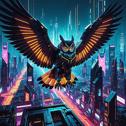 Gigantic Robotic Owl in Cyberpunk City