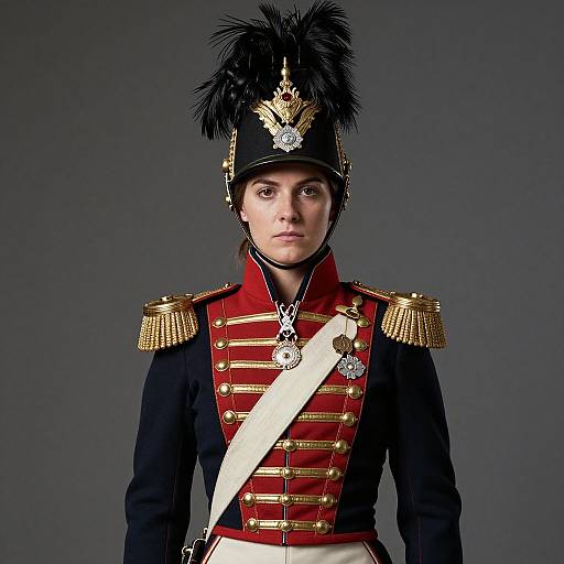 Photograph of a young woman in a black military uniform with red and gold epaulettes, white sash, and tall black hat with a