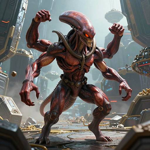 Red Four-Armed Alien in Mid-Rotation