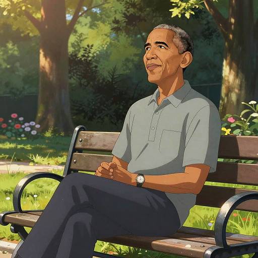 Digital illustration of a middle-aged man with short gray hair, wearing a light blue shirt and dark pants, sitting on a park bench, smiling, with
