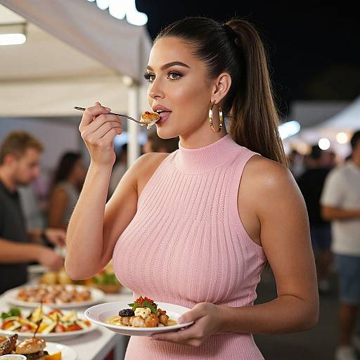Photograph of a brunette woman with a high ponytail, wearing a pink ribbed sleeveless dress, eating from a fork while holding a plate of