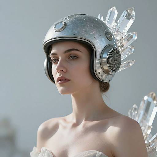 Photograph of a young woman with fair skin and brown eyes, wearing a silver metallic helmet with crystal-like protrusions, and an off-shoulder