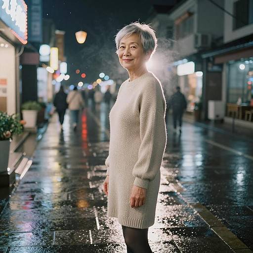 Elderly Woman in Sweater Dress on Rainy Night
