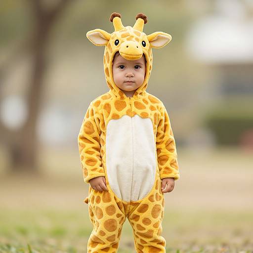 Photograph of a young child with light brown skin, wearing a yellow giraffe onesie with brown spots, standing in a blurred outdoor park.