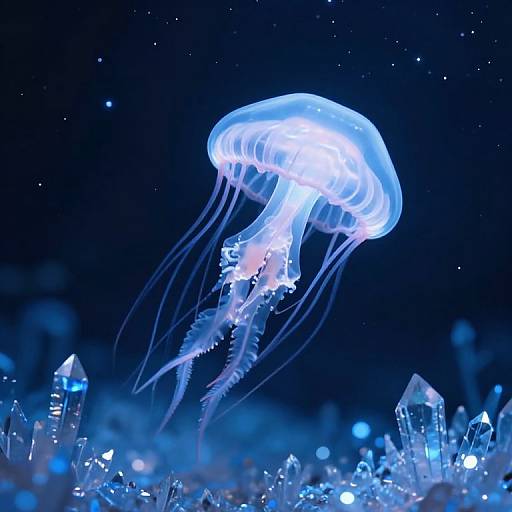 Photograph of a glowing blue jellyfish with translucent, flowing tentacles, floating above crystalline ice formations in a dark, starry oceanic background