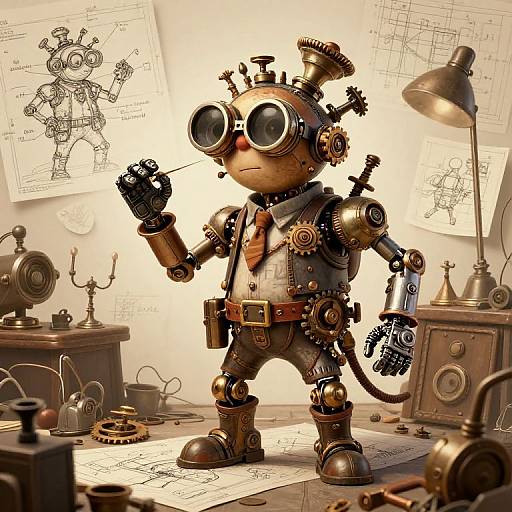 Steampunk robot with goggles, gears, and a necktie stands in a workshop, surrounded by blueprints and mechanical parts. Photorealistic CGI