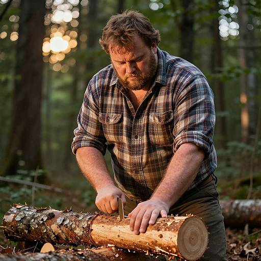 Photograph of a bearded man with brown hair, wearing a plaid shirt, chopping a log in a sunlit forest.