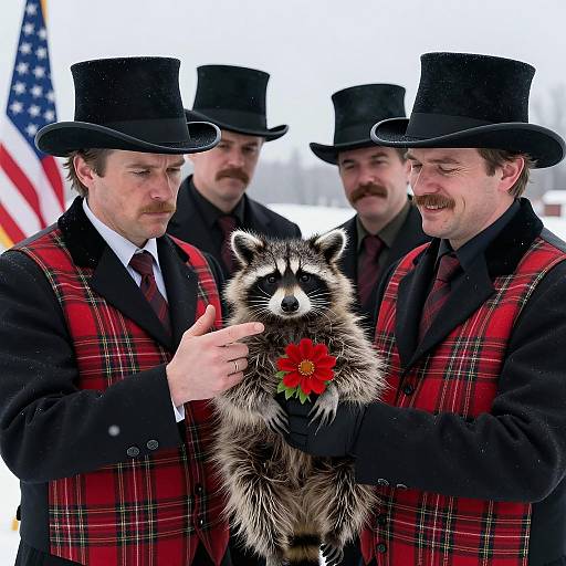 Men in Top Hats Holding Raccoon with Flower